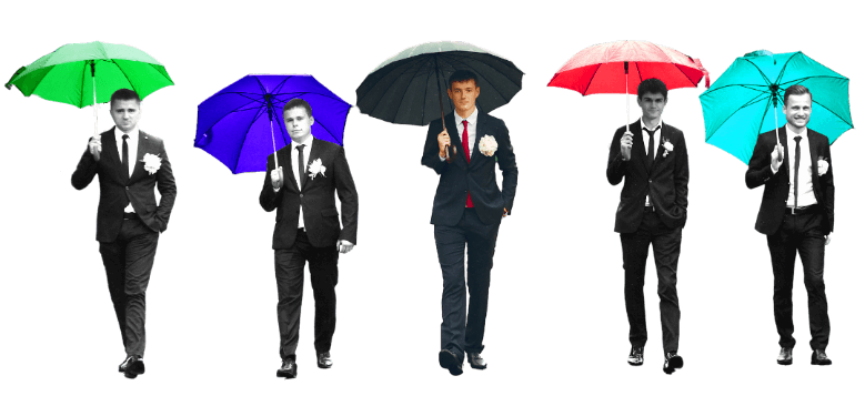 Five Groomsmen with Umbrellas