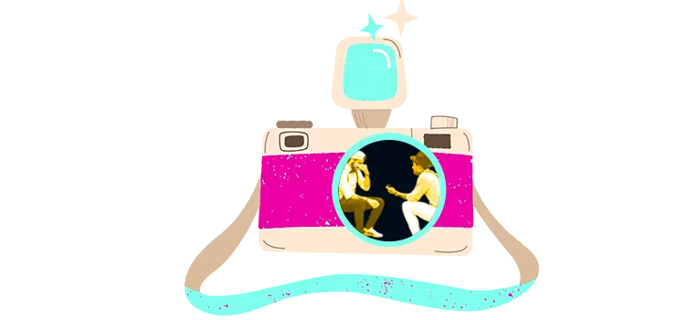 Abstract image of camera with proposal picture on lens