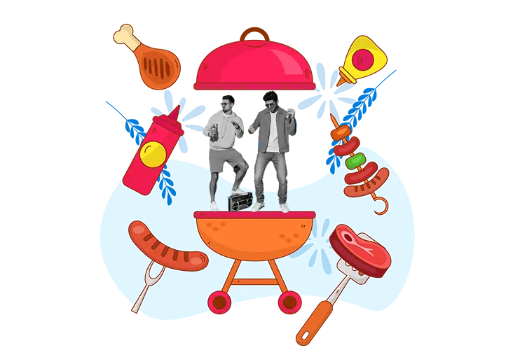 Two people dancing on a cartoon barbeque grill
