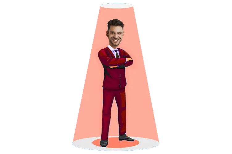 Red suited man standing in spotlight