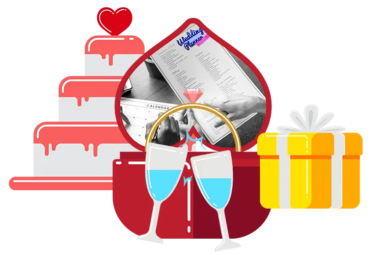 wedding cake, wine glasses and gifts