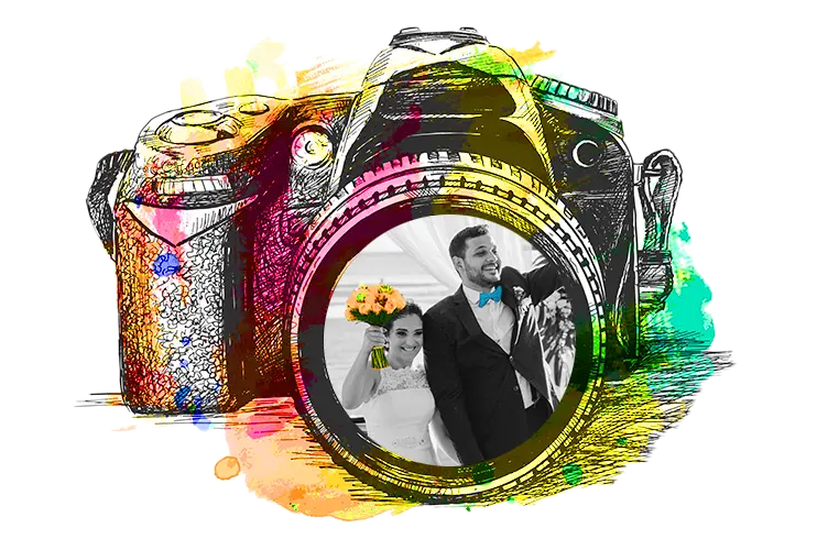 A camera with a reflection of a couple in the lens