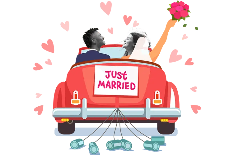 Just married couple driving away