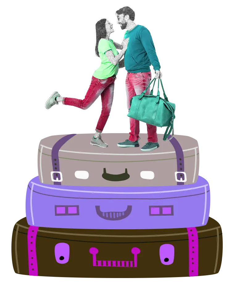 Couple standing on top of luggage