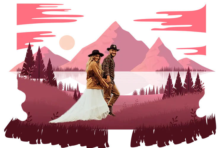 Wedding couple walking near mountains