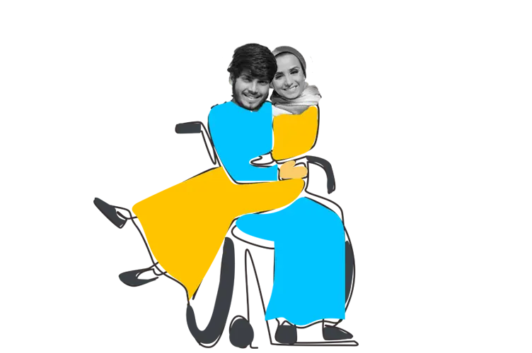 Man in wheelchair hugging woman sitting on his lap