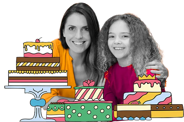 pre-teen and mom behind cakes